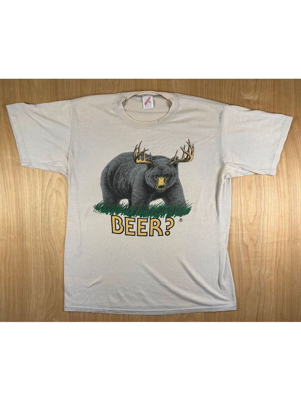 Vintage 80s Beer Bear tshirt xlarge Jerzees grizzly antlers funny tan